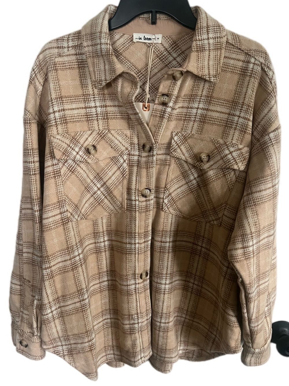 Mod Boutique In Loom Tan Beige Cream Plaid Button-Front Shacket Jacket Fall New